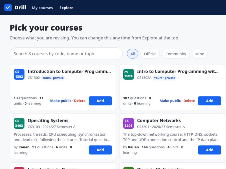drillit.app course library: CS1302, CS1302A, Operating Systems and Computer Networks cards